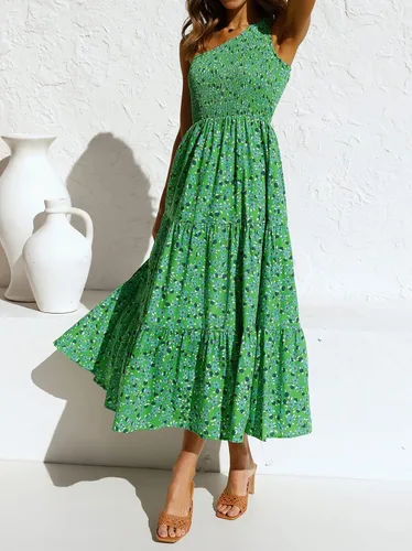 Miniatura 2 de ZESICA Vestido largo midi de verano bohemio con estampado floral de un hombro, sin mangas, fruncido con volantes, escalonado, para playa