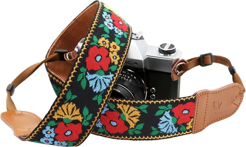 Miniatura 34 de Padwa Lifestyle Correa para cámara de flores marrones, correa de algodón de doble capa de piel de vaca de 2 pulgadas de ancho, bordado jacquard Flor