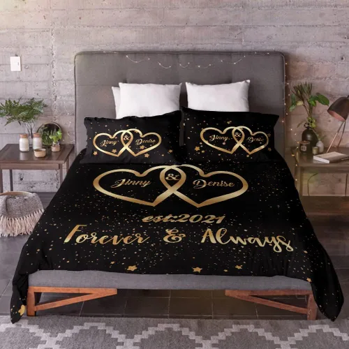 Miniatura 2 de VEELU Juego de funda de edredón personalizada con nombres de pareja, 3 piezas, tamaño matrimonial, funda de edredón de microfibra con corazones