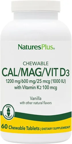 NaturesPlus Calcio/Magnesio/Vitamina D3 con Vitamina K2 – 60 tabletas masticables – Apoya la salud ósea e inmunológica – Sabor vainilla – Sin gluten