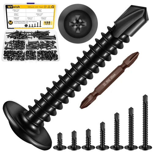 Miniatura 41 de Mywish 200 tornillos autorroscantes negros #10 × 1 pulgada para metal, 410 tornillos de metal negro de óxido de tornillo de acero inoxidable