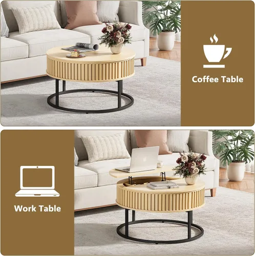 Miniatura 4 de Mesa de centro redonda con parte superior elevadora, mesas de centro de madera estriada para sala de estar, elevación para comedor, gran
