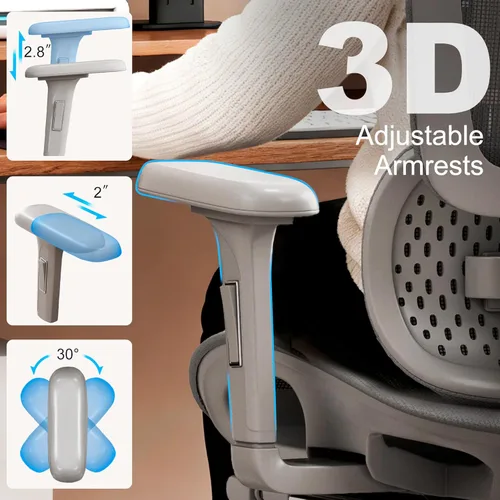 Miniatura 6 de Vonesse Silla de oficina ergonómica con reposapiés, sillas de escritorio con reposacabezas y reposabrazos ajustables 3D, silla de juegos de Gris