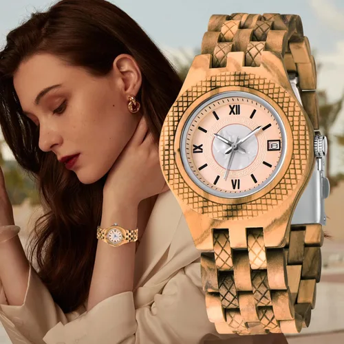 Miniatura 7 de Reloj ligero de cuarzo de madera para mujer, reloj analógico de cuarzo, correa de madera con cierre plegable, relojes de madera para mujer