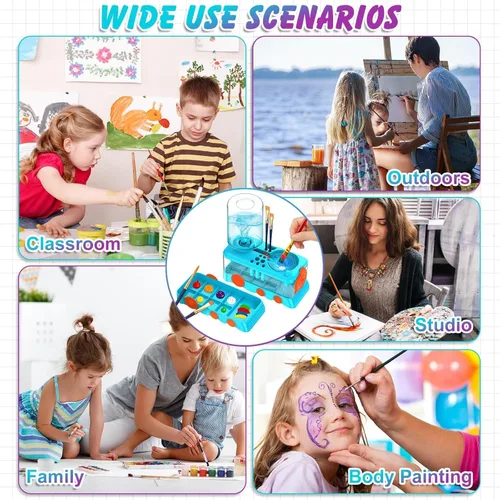 Miniatura 6 de Kit de limpieza de pinceles para niños con 5 pinceles, bata de arte, tapete lavable, guía, tarro limpiador de pinceles en espiral para acuarela