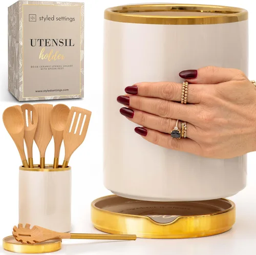 STYLED SETTINGS Soporte para utensilios beige – Recipiente grande de cerámica para utensilios para encimera de cocina – Elegante almacenamiento de