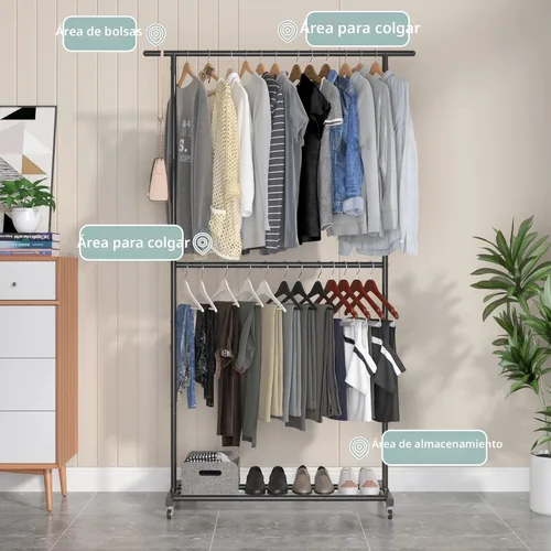 Miniatura 7 de Sywhitta Perchero de Ropa de Doble Barra Rodante, Organizador de Ropa con Ruedas para Colgar Ropa, Fácil de Ensamblar, Ajustable, Negro