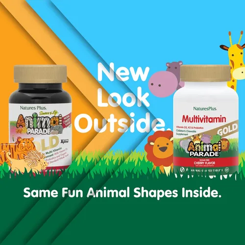 Miniatura 2 de NaturesPlus Animal Parade Gold Multivitamínico Masticables para niños, sabor a cereza, 60 tabletas masticables en forma de animal, con vitamina D3