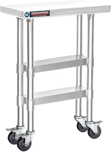 DuraSteel Mesa de trabajo de acero inoxidable de 24 x 12 x 34 pulgadas de altura con 4 ruedas giratorias, mesa de trabajo de grado comercial de