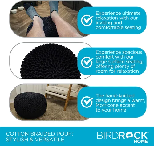 Miniatura 5 de BIRDROCK HOME Puf redondo otomano Taburete de pie trenzado de algodón con relleno de bolsa de frijoles Reposapiés bohemio para sala de estar