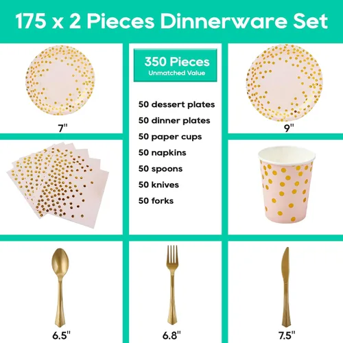 Miniatura 2 de Suministros de fiesta rosa y dorado, juego de vajilla desechable de 350 piezas, platos de papel rosa, servilletas, vasos, tenedores de plástico Rosa