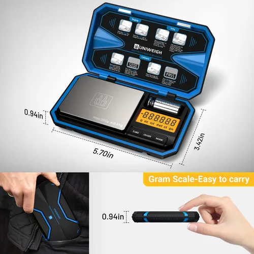 Miniatura 5 de UNIWEIGH Báscula digital de bolsillo de 7.05 oz/0.00 oz, báscula digital de gramos, mini báscula de joyería digital de peso gramo con pesos Cal