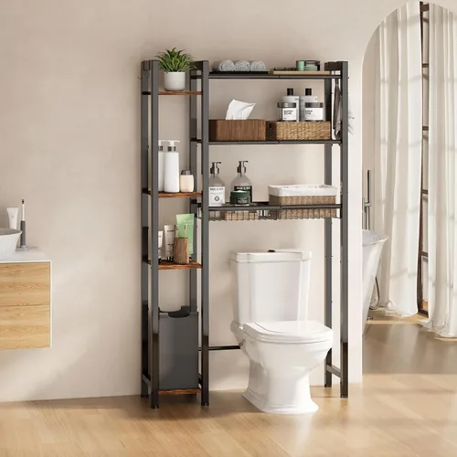 Miniatura 3 de Almacenamiento sobre el inodoro con estante lateral, organizador de baño de 7 niveles con estante ajustable y cesta de drenaje y 4 ganchos, ahorro