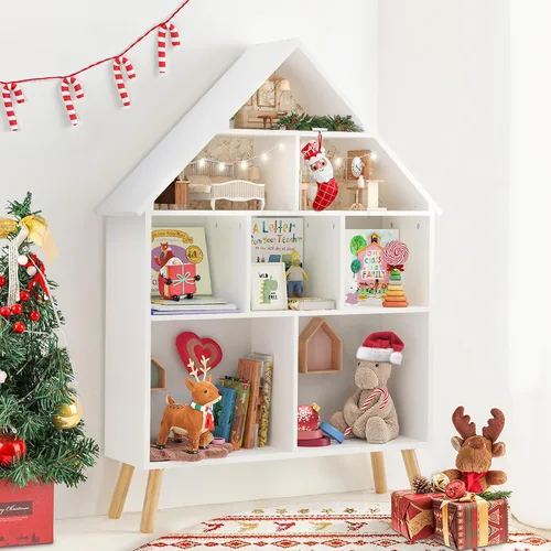 Miniatura 7 de Curipeer Estantería para casa de muñecas para niños, estantería de madera con luz activada por movimiento, organizador abierto de 2 niveles