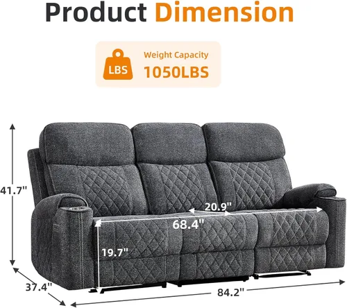 Miniatura 2 de EBELLO Sofá Sillón Reclinable Eléctrico, Sofá Reclinable Eléctrico de Tela de 3 Plazas con Portavasos, Puertos de Carga USB y Tipo C y Espacio