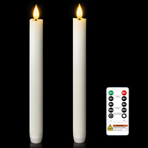 Homemory 2 piezas de velas cónicas sin llama blancas con control remoto y temporizador, hechas con cera real de 9.6" con pilas, velas cónicas LED