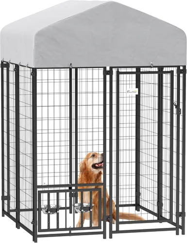PawHut Jaula de 4' x 4' x 6' para perros al aire libre, Jaula de alambre soldado para perros con rotación de 360° y cuencos ajustables de 4 niveles,