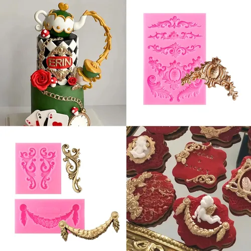 Miniatura 5 de Rainmae 4 moldes barrocos de silicona para fondant, molde de chocolate con encaje de flores de alivio, molde de arcilla de encaje de desplazamiento