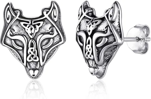 FaithHeart Norse Vikingo Jewelry - Aretes de tuerca de plata de ley de acero inoxidable, lobo celtamartillo de Thors para mujeres y hombres, Acero