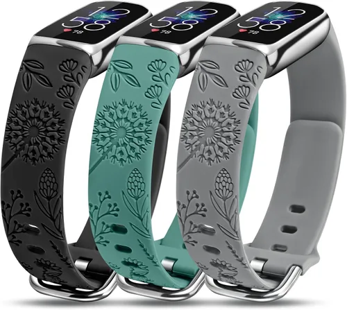 Miniatura 10 de Minyee Paquete de 3 correas compatibles con Fitbit Luxe para mujer, de silicona suave, con grabado floral, correa deportiva de diente de león