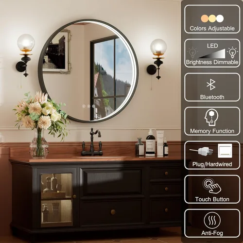 Miniatura 7 de Espejo de baño LED redondo Bluetooth dual de 20 pulgadas con antivaho Black Frame Circle Vanity Mirror with Lights, 3000K/4500K/6000K, Adjustable