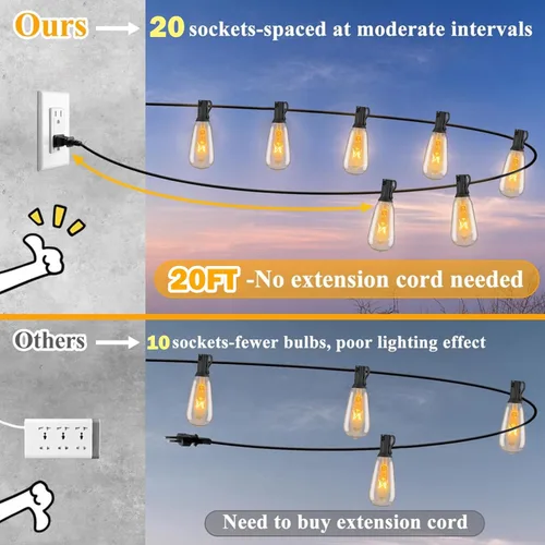 Miniatura 2 de Afirst Tira de luces para exteriores de 20 pies con 22 bombillas LED (2 de repuesto), impermeables, conectables, luces de patio para iluminación