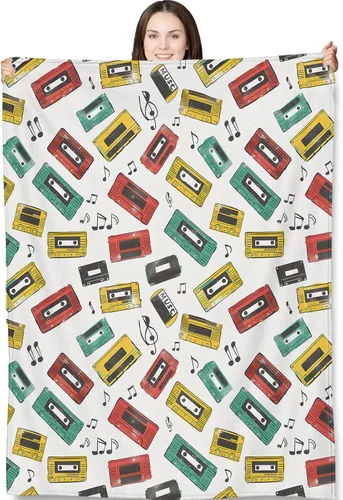 Manta de cinta de casete retro para adultos y niños, 50 x 60 pulgadas, mantas de franela coloridas con temática musical vintage para dormitorio,