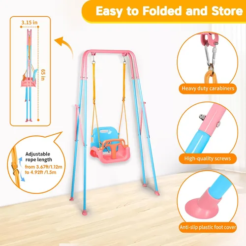 Miniatura 4 de Juego de columpios 3 en 1 para niños pequeños, columpio plegable con soporte, para interiores y exteriores, columpios multifuncionales para patio