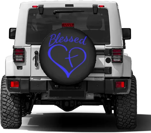 Miniatura 2 de Blessed Heart with Cross Blue Spare Tire Cover Dust-Proof Wheel Tire Cover Fit Trailer, RV, SUV and Many Vehicle 14 Inch