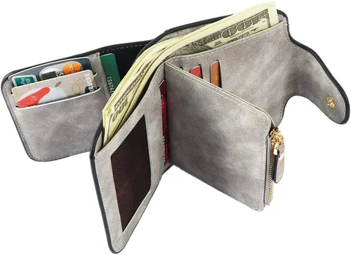Miniatura 6 de KELEEL Cartera de cuero para mujer, monedero de embrague para tarjetas de crédito, soporte para monedas, plegable, Gris corto, Classic