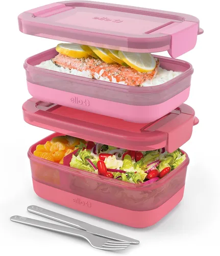 Miniatura 7 de Ello Juego de 2 contenedores de almacenamiento de alimentos de plástico para lonchera, tipo Bento, con tapas de plástico herméticas, a prueba