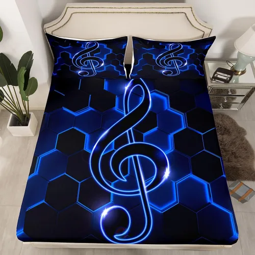Miniatura 15 de Erosebridal Juego de sábanas de tamaño individual con temática musical, con estampado de notas musicales, juego de cama ajustable en blanco y negro