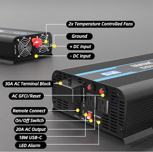 Miniatura 5 de Erayak Inversor de corriente de onda sinusoidal pura de 2000 W, 12 V CC a 110 V 120 V AC para el hogar, RV, camión, solar fuera de la red con USB-C