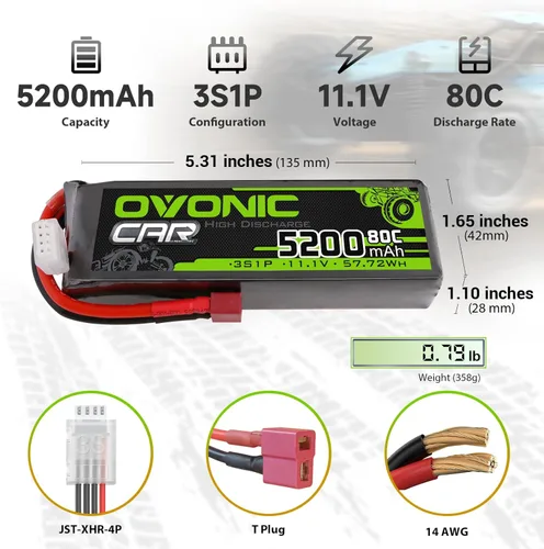 Miniatura 2 de OVONIC 3S Lipo Battery 5200mAh 11.1V 80C Batería RC con conector T estilo Dean para coches RC, barco, camión, helicóptero, avión de carreras, modelos
