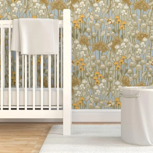 Miniatura 6 de Spoonflower Papel tapiz para despegar y pegar - Amapola Campo Pájaros Crema Neutral Naturaleza Taupe Papel pintado extraíble personalizado