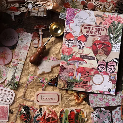 Miniatura 3 de Calcomanías de diario basura para álbumes de recortes, 166 piezas retro de flores, mariposas, naturaleza, poemas, letras decorativas para álbumes