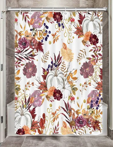 Miniatura 12 de MERCHR Cortina de ducha de otoño, lindo juego de cortinas de ducha de tela de cosecha de hojas rojas y doradas para baño, accesorios de decoración