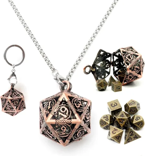 Haxtec Mini Juego de Dados de Metal DND con Estuche de Cuello Hueco Juego de Dados de Metal Pequeños Antiguos Juego de Llaveros D&D Portátil Juego