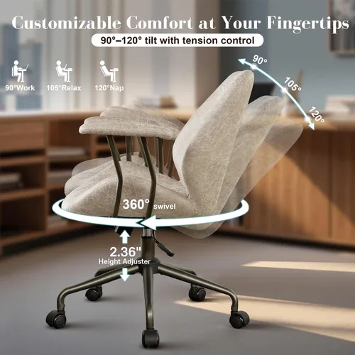 Miniatura 3 de Silla ergonómica de escritorio de oficina en casa, silla giratoria de 360° con reposabrazos extraíbles, silla moderna de mediados de siglo para Beige