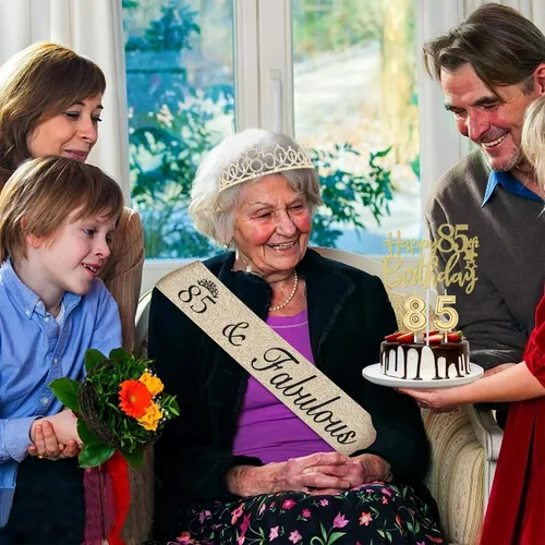 Miniatura 5 de Decoraciones de 85 cumpleaños para mujeres en oro con banda y tiara de 85 cumpleaños, adorno para pastel y velas, globos con números, regalos