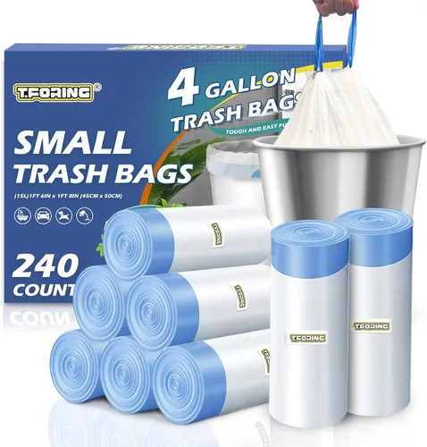 Miniatura 25 de Bolsas de basura de 6 galones con cordón de 1.1 mil, 120 bolsas de basura medianas, 22.5 litros de plástico fuerte sin perfume, bolsas gruesas