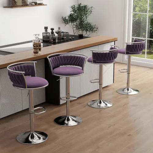 Miniatura 29 de Juego de 2 taburetes de bar giratorios de 360°, silla de bar de terciopelo ajustable a altura de mostrador moderna, taburete de metal plateado