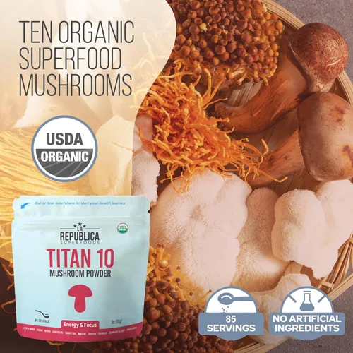 Miniatura 2 de La Republica Titan10 - Polvo orgánico de hongos de 3 onzas para concentración, inmunidad, energía, salud intestinal y piel (85 porciones)