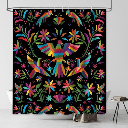 Miniatura 3 de MEHOFOND Cortina de ducha estilo otomí de 72 x 72 pulgadas para baño, estilo mexicano, tradicional, mexicano, pájaro azul, rojo y negro, tela
