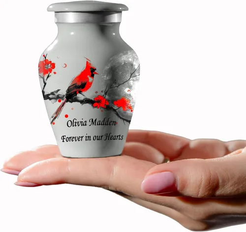 Mini urna gris para cenizas, diseño cardenal y flor, pequeño recuerdo de cremación personalizado, hecho a mano en Estados Unidos, incluye bolsa de