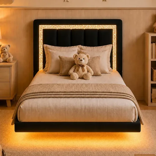 HOMBCK Base de cama flotante individual con luces LED inteligentes, cama de plataforma tapizada de piel sintética con cabecera de diamante, no Negro