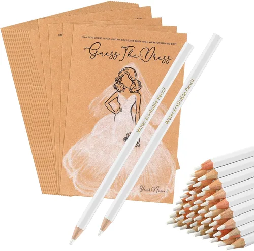 Fulmoon 30 juegos de Adivina el vestido, juegos de despedida de soltera para invitados, incluyen tarjetas de juegos de ducha de boda, lápices Marrón