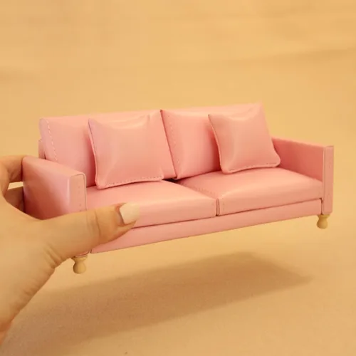 Miniatura 11 de Sofá de cuero para casa de muñecas en miniatura, a escala 1:12, juego de muebles de mini sofá con cojines para figura de muñeca de 3 a 6 pulgadas