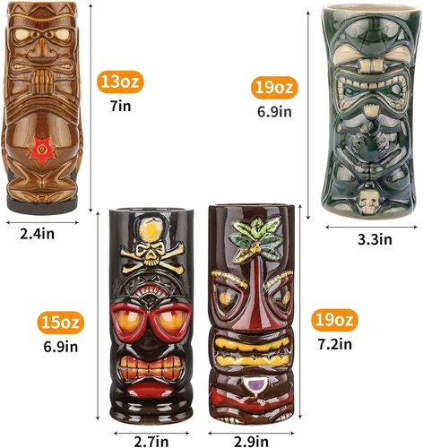 Miniatura 6 de SuproBarware Juego de 4 tazas Tiki de cerámica grandes Tiki tazas hawaianas Luau para fiestas, tazas Tiki Bar para cócteles