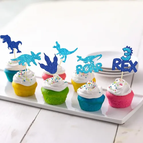 Miniatura 9 de Gyufise 24 piezas de adornos de dinosaurios con purpurina azul 3 Rex Roar Dinosaur Cupcake Picks Three Years Old Dino Theme Baby Shower 3er Birthday